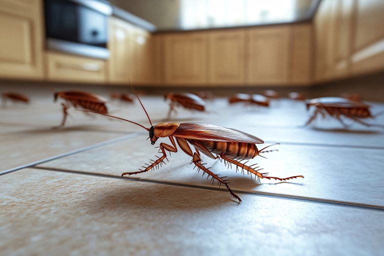 Cockroaches infesting a residential kitchen floor
